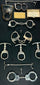 19th–20th century antique handcuffs, shackles, keys, and leather pouch arranged in a framed historical restraint collection on dark fabric background.