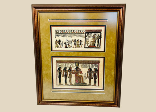 Framed Ancient Egyptian papyrus artwork depicting ritual and funerary scenes with deities and hieroglyphs, double-matted in gold and black frame, modern reproduction on papyrus