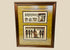 Framed Ancient Egyptian papyrus artwork depicting ritual and funerary scenes with deities and hieroglyphs, double-matted in gold and black frame, modern reproduction on papyrus