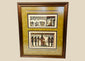 Framed Ancient Egyptian papyrus artwork depicting ritual and funerary scenes with deities and hieroglyphs, double-matted in gold and black frame, modern reproduction on papyrus