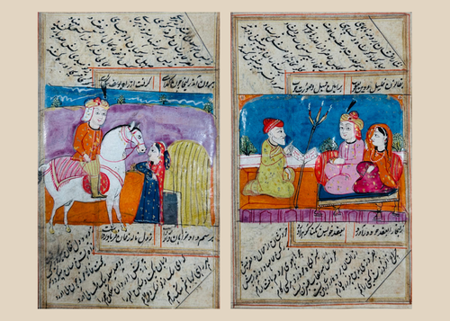 Pair of Indo-Persian miniature manuscript paintings with courtly scenes in gilt frame