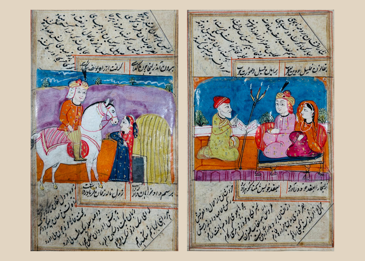 Pair of Indo-Persian miniature manuscript paintings with courtly scenes in gilt frame
