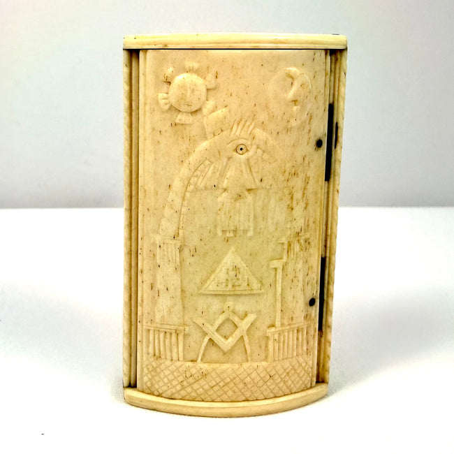 Napoleonic-era French prisoner-of-war bone snuff box featuring hand-carved Masonic symbols, dating to circa 1795–1815.