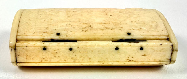 Antique Masonic bone snuff box with a hollow interior compartment and original iron-pin hinged construction.