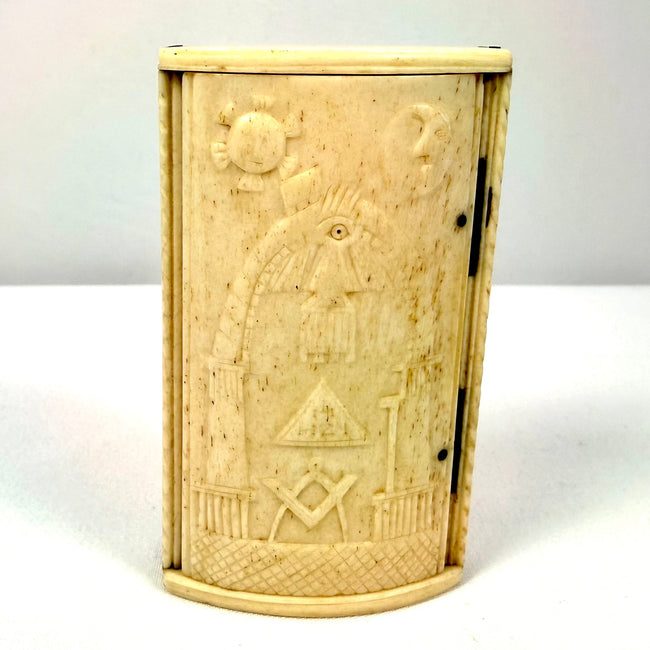Antique Masonic bone snuff box attributed to French prisoners of war in Britain during the Napoleonic Wars.