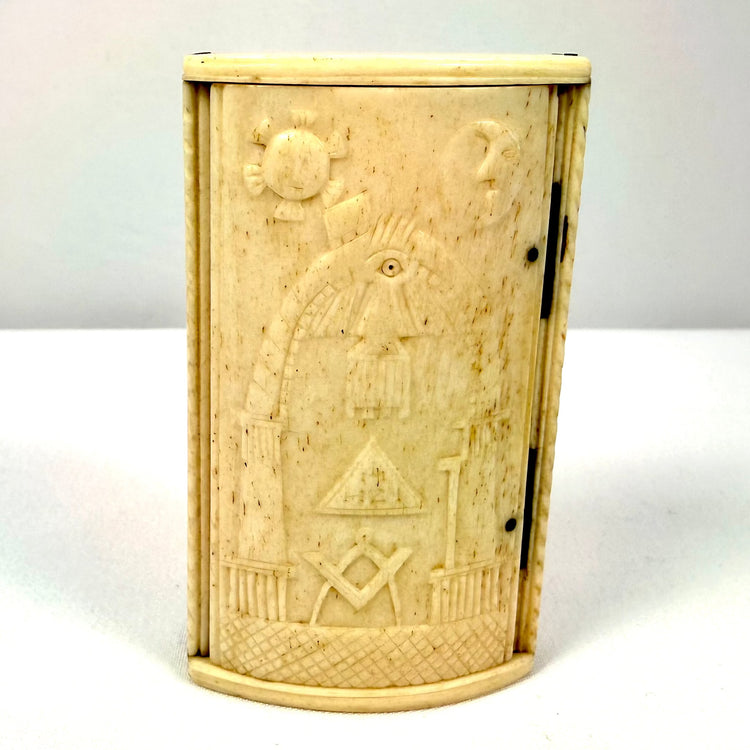 Antique Masonic bone snuff box attributed to French prisoners of war in Britain during the Napoleonic Wars.