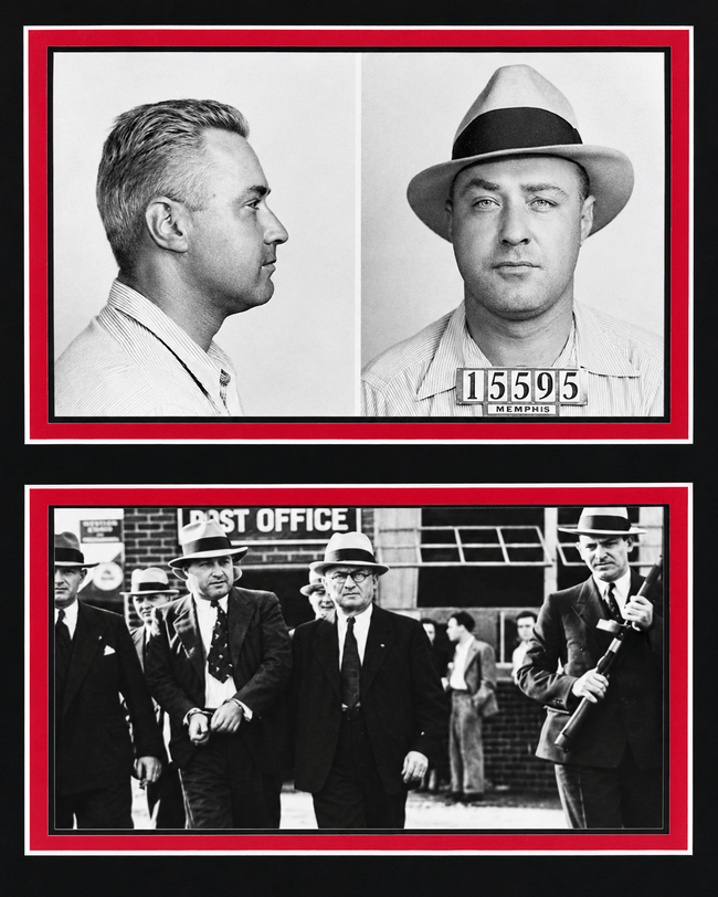 George “Machine Gun” Kelly photograph display featuring black-and-white mugshots and an escort scene, bordered in red and white.