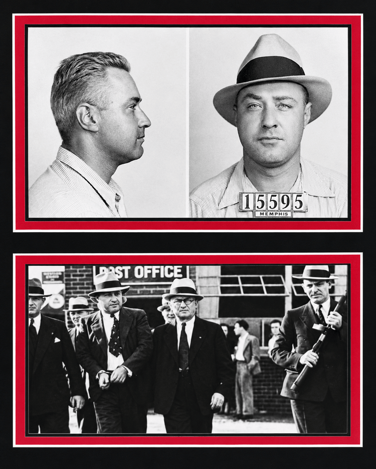 George “Machine Gun” Kelly photograph display featuring black-and-white mugshots and an escort scene, bordered in red and white.