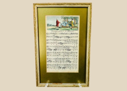 Georgian era 18th-century engraved sheet music with hand-colored pastoral scene, depicting figures in a countryside setting above musical notation; mounted in a gilt frame with velvet backing, showcasing fine period engraving, early music history, and decorative art appeal.