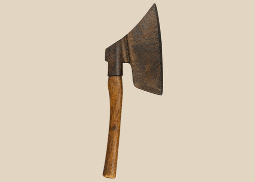 Antique European forged iron axe with wooden handle, featuring a leaf-shaped blade and tapered edge. Exhibits natural patina and surface wear consistent with 18th–19th century use, reflecting historical craftsmanship and utilitarian design.