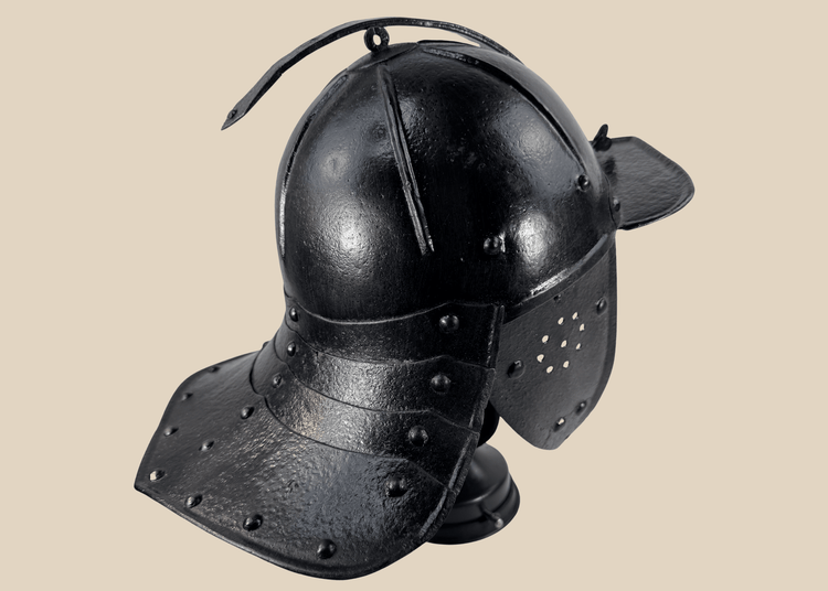 Authentic mid-17th century forged iron military helmet with black painted finish, adjustable nasal bar, and articulated neck guard.