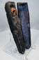 Black-painted wooden coffin with Christian mortality symbols