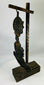 Historic gilt and silver-inlaid Buddhist ritual bronze with aged patina and original cloth backing