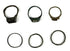 Top and front views of six ancient bronze finger rings with decorative bezels and simple bands, circa 3rd–7th century CE