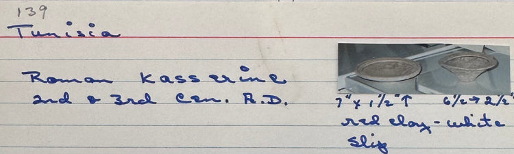 Original McMillan Collection inventory card documenting the pair of Ancient Roman Kassérine bowls purchased in Tunisia in 1982.