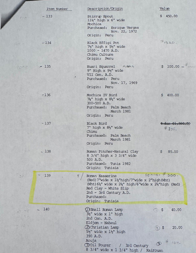 Original McMillan Collection inventory records and valuation documentation accompanying the Ancient Roman North African terracotta Kassérine bowls.