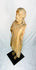 Antique European wood sculpture of saint, devotional church figure, medieval–Renaissance period, worn surface, detailed facial carving, mounted on custom iron stand for display.