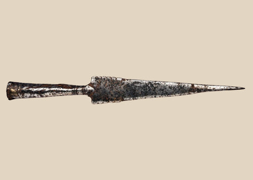 Hand forged European iron spearhead with scalloped edges and weathered patina