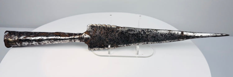 Ancient European iron spearhead with scalloped-edge blade and socketed base, circa 1st millennium CE