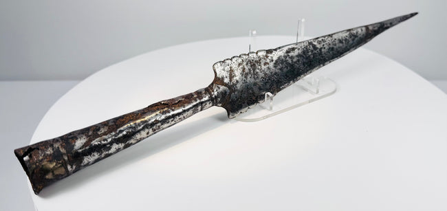 Historic European socketed spearhead with distinctive scalloped blade and tapered iron base