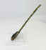 Left side profile of ancient bronze spoon highlighting elegant spiral handle design and encrusted surface texture.