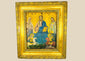 Greek Orthodox icon painting with Christ Pantocrator, Virgin Mary, and St. John the Baptist in the upper register, St. George slaying the dragon, and St. Demetrius on horseback in the lower register, painted in tempera with gold background, framed in ornate gilt foliate frame, photographed on a white background.