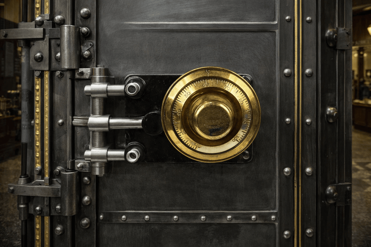Antique bank vault door with brass combination dial and steel locking bars, showcasing early safe security engineering