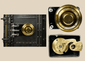 Antique Sargent and Greenleaf safe lock mechanism with brass dial front view, back view and as seen in a bank vault