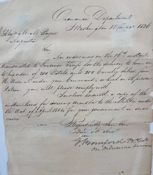 George Bomford handwritten ordnance letter addressed to Major Mathew Mountjoy Payne