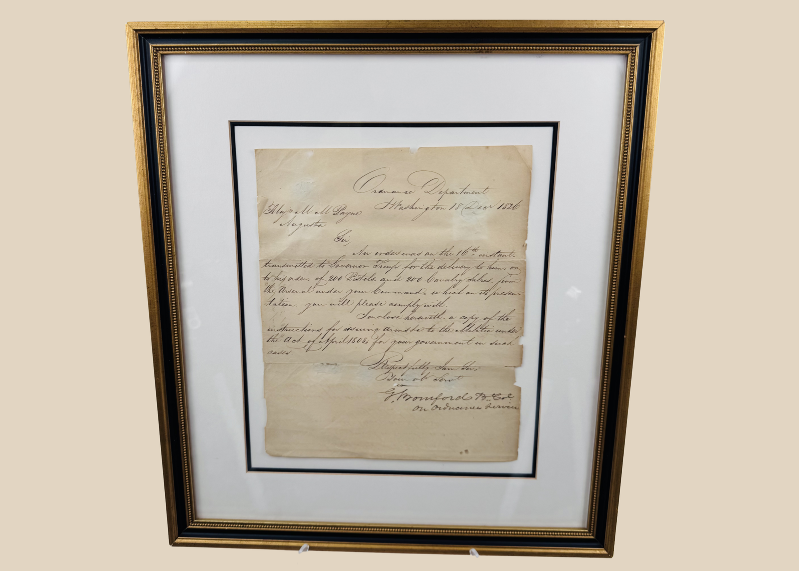 Framed 1826 United States Ordnance Department letter signed by George Bomford