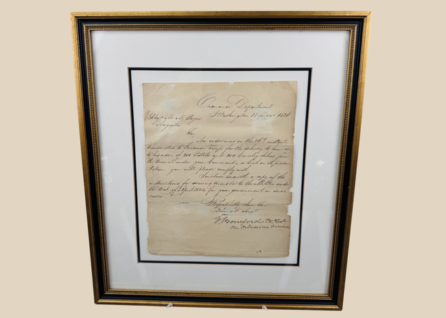 Framed 1826 United States Ordnance Department letter signed by George Bomford