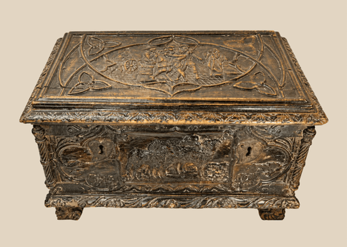 Renaissance Italian cassone chest with hand-carved figural and foliate panels, circa 16th–17th century