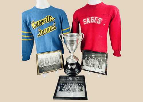 1941–1942 Montreal hockey championship archive featuring trophy, wool sweaters, photographs, and championship badges