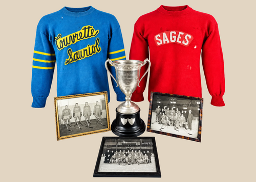 1941–1942 Montreal hockey championship archive featuring trophy, wool sweaters, photographs, and championship badges