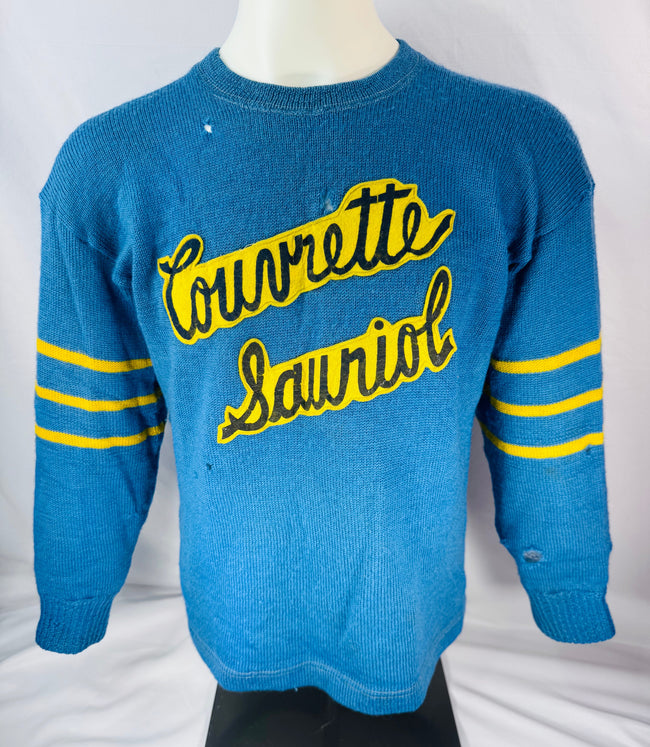Front view of blue Couvrette &amp; Sauriol wool hockey sweater with yellow felt lettering