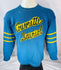 Front view of blue Couvrette & Sauriol wool hockey sweater with yellow felt lettering