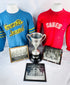 Historic Montreal hockey collection with Ligue de Hockey Métropolitaine trophy, uniforms, and team photographs