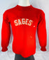 Front view of red Sages wool hockey sweater with felt crest lettering