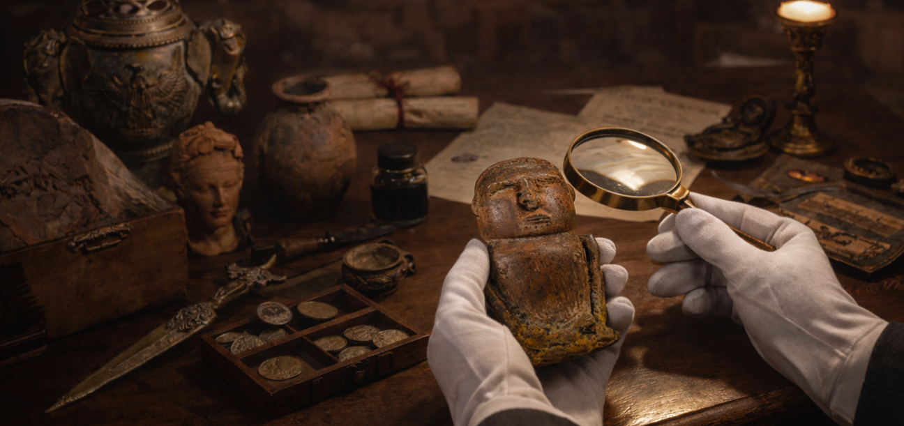 Historical artifact evaluation with magnifying glass and ancient relics on desk – Relic & Rarity acquisitions