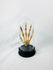 Early 20th-century articulated human skeletal hand displayed under glass dome