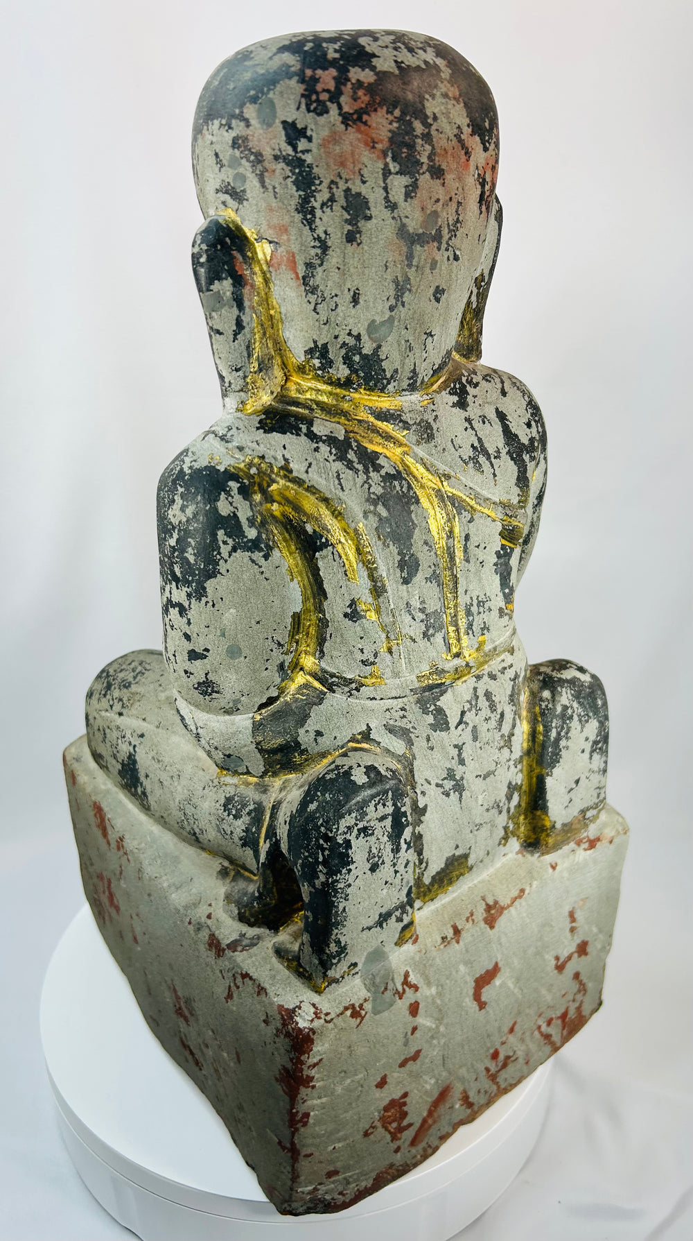 19th century Burmese Mandalay style carved wooden devotee statue with prayer gesture.