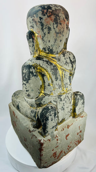 19th century Burmese Mandalay style carved wooden devotee statue with prayer gesture.