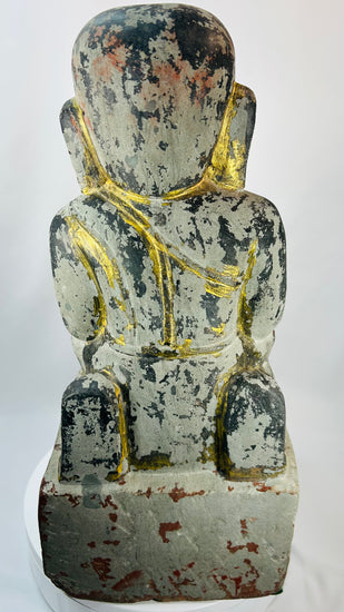 Antique Burmese Buddhist devotional sculpture with worn gilded surface and lacquer patina.