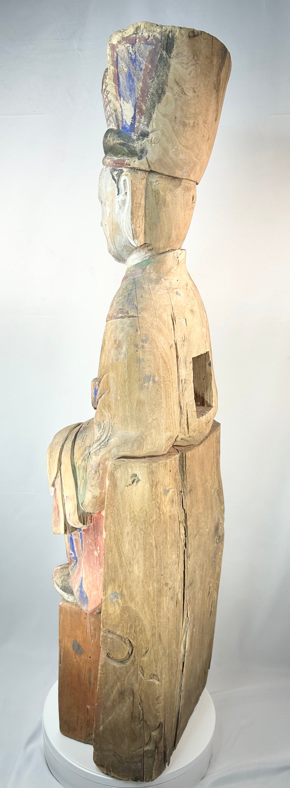 Large Chinese wooden temple sculpture of a scholar-official with dragon decorated robes.