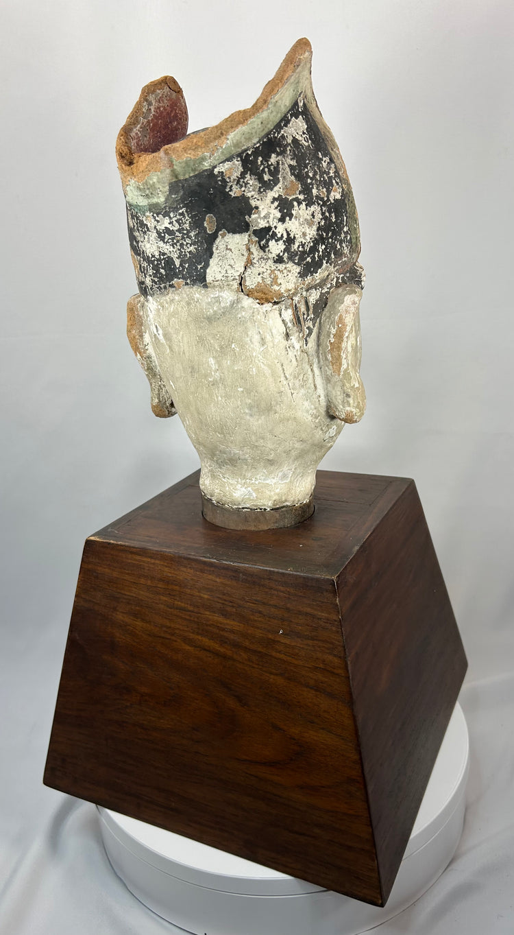 Late Qing Chinese temple sculpture of a court official with painted terracotta surface.