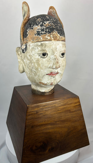 Antique Chinese terracotta temple sculpture of a scholar-official with lacquered headdress.