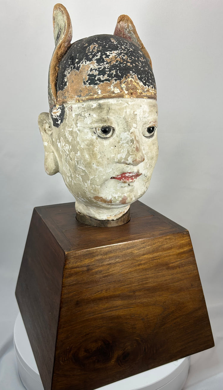 Antique Chinese terracotta temple sculpture of a scholar-official with lacquered headdress.