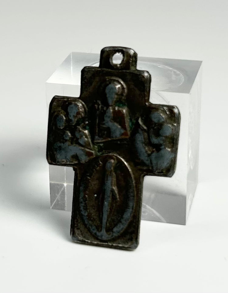 antique bronze Catholic devotional cross pendant depicting sacred figures and Miraculous Medal style imagery from the 1800s