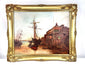 Signed Emily Muse maritime oil painting featuring the historic Angel Public House, sailing vessels, and traditional riverside architecture in London.