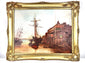 British maritime oil painting depicting historic Thames sailing ships, working boats, wooden staircases, and figures along the Rotherhithe waterfront.